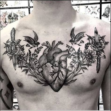 Realistic Heart Tattoo On Chest, Anatomical Heart Chest Tattoo, Black And Grey Heart Tattoo, Heart Chest Tattoo Female, Chest Tattoo Realism, Heart Tattoo Men, Heart Sternum Tattoo, Heart Tattoo On Chest, Tattoo Designs Heart