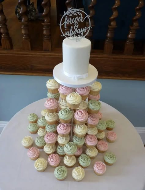 Sage And Pink Cupcakes, Sage Green And Pink Cupcakes, Sage Green And Pink Party Decor, Sage Green And Pink Cake, Pink And Green Cupcakes, Cupcake Wedding Tower, Pink Wedding Cupcakes, Pink Smash Cakes, Sage Green And Pink