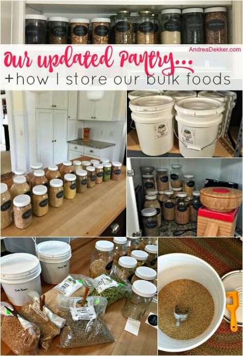 Our Updated Pantry + How I Store Our Bulk Food - Andrea Dekker Bulk Kitchen Storage, Bulk Pantry Organization, Bulk Food Shopping, Bulk Pantry Storage, Bulk Spice Storage, Homestead Pantry Organization, Homesteading Pantry, Updated Pantry, Food Pantry Organization