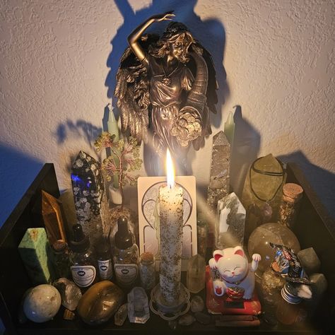 Sharing my Altar to Tykhe Demon Altar, Greek Altar Ideas, Freya Goddess Altar, Lucifer Altar Ideas, Heathen Altar, Freyja Altar, Diety Alter Ideas, Ares Altar, Deity Altar