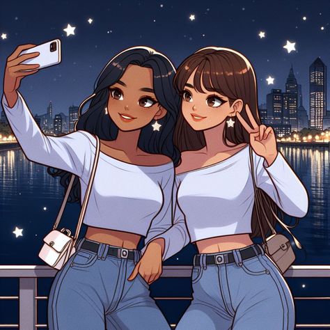 Anime Besties Aesthetic, Best Friends Photos Black, 2 Bff Anime, Two Besties Cartoon, Bestie Illustration, Two Besties Aesthetic, Two Besties Drawing, Two Sisters Art, Pfp Best Friends