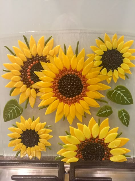 Fused glass sunflower splash back Glass Sunflower, Fused Glass Panel, Fused Glass Wall Art, Art Glass Jewelry, Fused Glass Plates, Glass Fusion Ideas, Fused Glass Artwork, Glass Fusing Projects, Fused Glass Ornaments