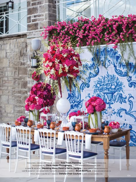 Bougainvillea Party Decor, Blue Fuschia Color Palette, Pink And Blue Dinner Table, Bougainvillea Table Decor, Blue And Bright Pink Wedding, Light Blue And Fuschia Wedding, Pink Talavera Party, Greece Party, Mamma Mia Wedding