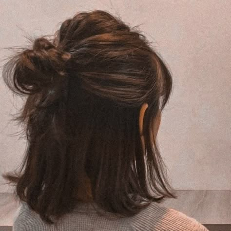 Short Haircut Ponytail, Baileycore Aesthetic, Messy Hairstyles For Short Hair, Short Brown Hairstyles, Aesthetic Brown Hair, Half Ponytail, Aesthetic Brown, Short Brown Hair, Hair Stylies