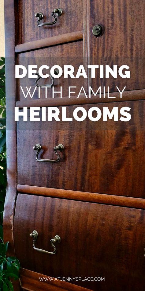 Are you stuck with a family heirloom that's just not your style? Don't worry, we've all been there. But don't get rid of it! There are tons of ways to update and incorporate old family heirlooms into your home decor. Let's show you how. Decorating With Old Furniture, Heirloom Style Decor, Old And New Living Room, Incorporating Antiques Into Modern Decor, How To Decorate An Old Farmhouse, Heirloom Display Ideas, How To Incorporate Antiques Into Decor, Display Family Heirlooms, Display Antiques In Home