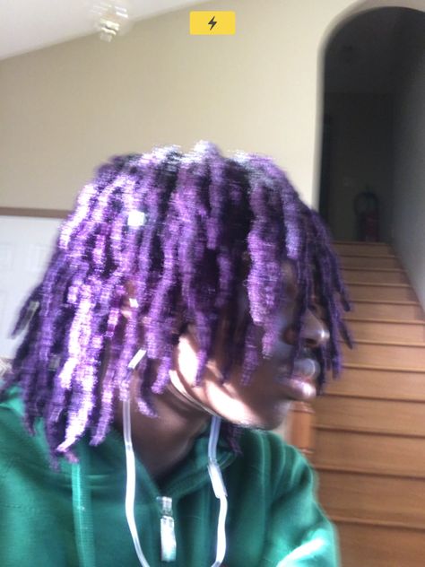 Purple Locs On Dark Skin, Loc Dye Ideas Purple, Split Dyed Dreads, Purple And Green Locs, Purple Ombre Locs, Mens Purple Hair, Purple Dyed Locs, Black And Purple Locs, Blue And Blonde Locs