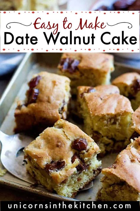 Date cake with walnuts is a delicious midday snack. It's fluffy, tasty, and really easy to make. Lightly sweetened with chunks of walnuts and dates, this cake is perfect with a cup of tea! Date Cakes, Date And Walnut Cake Recipes, Date Cake Recipe Easy, Amazing Easy Recipes, Date And Walnut Cake, Brown Sugar Cakes, Date Cake, Midday Snack, Healthy Sweet Snacks