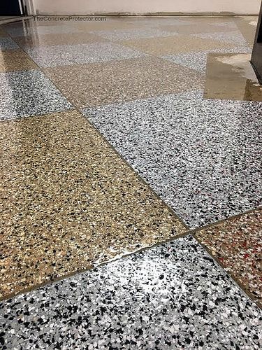 Checkerboard Epoxy Flake Floor- Domino with Red and  JQ Almond with Creek Bed Chips Floor Design, Raam Ji, 20x40 House Plans, How To Lay Tile, Marble Flooring Design, Epoxy Floors, 3d Epoxy, Woodworking Garage, Interior Ceiling