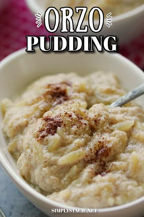 A white oval bowl with Orzo Pudding. Orzo Dessert Recipes, Italian Rice Pudding, Creamy Orzo, Breakfast Dinner, Cinnamon Flavor, Rice Pudding, Pudding Recipe, Creamy Texture, Breakfast For Dinner