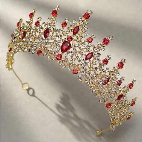 Red And Gold Lightweight Metal Alloy. 6 Inch With Red And Clear Rhinestones. Excellent Quality! New In Plastic From Manufacturer From My Local Bridal Shop! Quince Crowns, Red And Gold Quince, Quince Crown, Red Quinceanera Ideas, Quince Planning, Xv Ideas, Wedding Crown Tiara, Quinceanera Crown, Red Quince