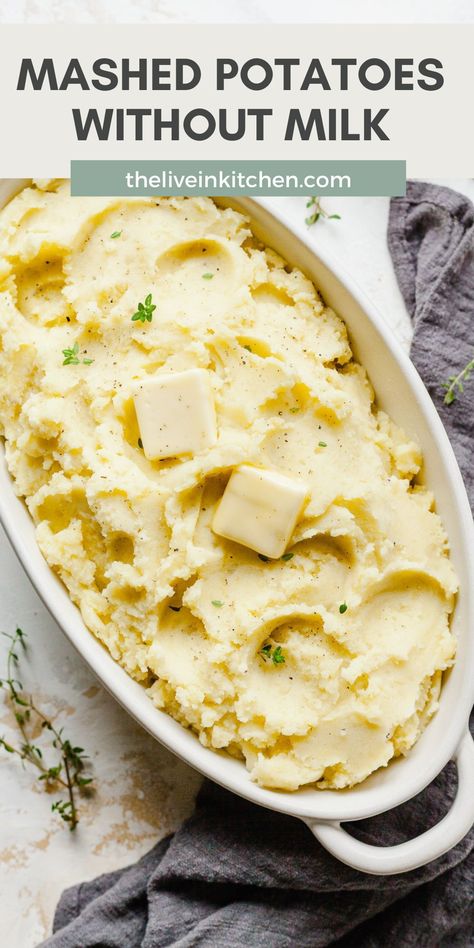 Mashed potatoes without milk are as fluffy and delicious as the original. Can be made soy free or dairy free, making them an easy crowd-pleasing addition to your Thanksgiving table or weeknight meals. Mashed Potatoes No Milk, Mashed Potatoes Without Milk, Mashed Potatoes Recipe Easy, Cream Cheese Mashed Potatoes, Mashed Potatoes Thanksgiving, Make Mashed Potatoes, Dairy Free Mashed Potatoes, Garlic Mashed Potatoes Recipe, Crockpot Mashed Potatoes