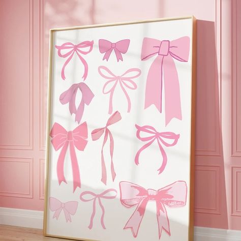 Coquette - Etsy Pink Preppy Wall Art, Wall Decor For Pink Walls, Room Frames Aesthetic, Wall Decor For College Apartment, Coquette Wall Art Prints, Bow Art Print, Room Frame Decor Wall Art, Bow Picture Frame, Pink Bow Decorations