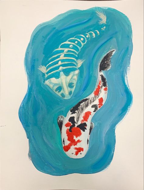 Guache on water color paper, showa koi fish and koi fish skeleton, swimming, painted, koi fish tattoo, dead koi Koi Fish Skeleton, Skeleton Swimming, Showa Koi, Pond Drawing, Fish Sides, Fish Aesthetic, Wet Market, Coy Fish, Koi Fish Drawing