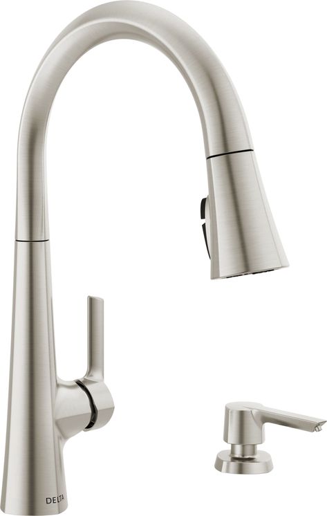 Delta Clifton Stainless Steel Single Handle Pull-down Kitchen Faucet with Sprayer (Deck Plate and Soap Dispenser Included) Lowes.com Delta Kitchen Faucet, Kitchen Faucet With Sprayer, Bath Faucet, Kitchen Faucets, Bath Decor, Kitchen Faucet, Shower Heads, Soap Dispenser, Faucet