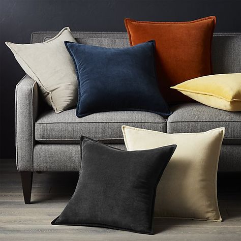 Blue Velvet Pillows On Couch, Blue Orange Grey Living Room, Gray And Rust Living Room, Grey Living Room With Color, Living Room Grey Couch, Living Room Decor Grey Couch, Brown Couch Decor, Living Room Colour, Dream House Living Room