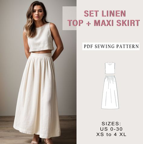 Set Linen Top And Maxi Skirt Sewing Pattern, Linen Gathered Maxi Skirt Sewing Pattern, Gathering Skirt, Modest Skirt Pattern, Summer Skirt Modern Clothes Patterns, Elastic Band Skirt Pattern, Linen Two Piece Set Sewing Pattern, Summer Outfit Patterns, Beginner Garment Sewing, Sew Skirt Patterns, Maxi Summer Skirt, Sewing Clothes Women Tops, Linen Skirt Sewing Pattern