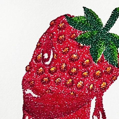 Stick and Poke Strawberry tattoo idea. Colour pointillism Tattoo Strawberry Pointillism, Pointillism Tattoo, Illustration Poses, Strawberry Tattoo, Fashion Illustration Poses, Strawberry Kitchen, Stick N Poke Tattoo, London Tattoo, Poke Tattoo