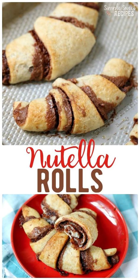 Easy 4-ingredient nutella rolls. This fun dessert / treat recipe can be prepared in just a few minutes and the warm flakey layers will taste heavenly. #Nutella #Dessert #DessertRecipes #NutellaRolls via @simplesweetrecipes Pizza Dough And Nutella, Cheap Sweet Recipes, Cream Cheese And Nutella Recipes, Pastries Recipes Easy, Nutella With Bread, What To Put Nutella On, Baking Recipes With Nutella, Simple Fast Dessert Recipes, Ways To Eat Nutella