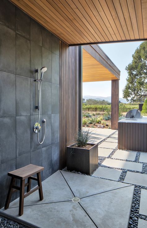 Outdoor Shower Inspiration, Exposed Trusses, Steel Front Door, Pool Shower, Pool Landscape Design, Ann Sacks, Vintage Light Fixtures, Country Retreat, Pool Rooms