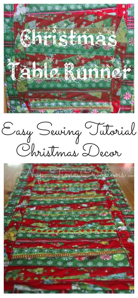 christmas table runner sewing tutorial from Nap-Time Creations Table Runner Sewing, Christmas Table Runners, Christmas Table Runner Pattern, Table Runner Tutorial, Christmas Crafty, Fabric Crafts Diy, Holiday Sewing, Quilted Table Runners Patterns, Table Runner And Placemats