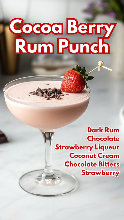 Cocoa Berry Rum Punch Strawberry Cocktail Recipe, Coconut Cocktails, Dark Rum Cocktails, Dessert Cocktails, Cocktail Cards, Strawberry Liqueur, Strawberry Cocktails, Cocktail Drinks Alcoholic, Covered Strawberry