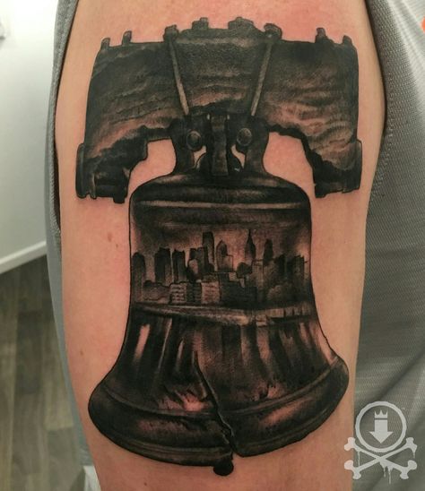 Black and grey liberty bell tattoo by Mike Sedges. #12ozstudios #team12oz #tattoo #tattoos #tattooed #tattooart #tattooartist #tattooshop #newjerseytattoos #phillytattoos #ink #inked #libertybell #libertybelltattoo #Philly #Phillytattoo #Philadelphia #history #blackandgrey #tattoosformen #tattoosforwomen Liberty Bell Tattoo, Philly Tattoo, Philadelphia Tattoo, Bell Tattoo, Belle Tattoo, Philadelphia History, Honeycomb Tattoo, Skyline Tattoo, Patriotic Tattoos