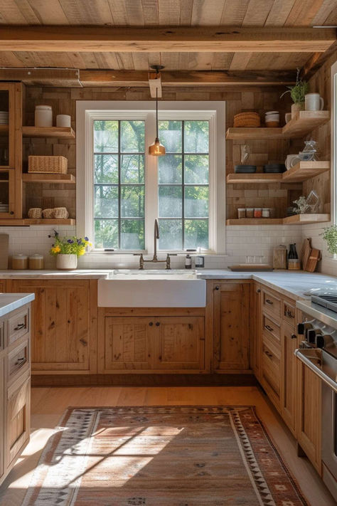 40 Rustic Farmhouse Kitchen Ideas for a Warm Home Farmhouse Log Cabin Interior, White Counter Wood Cabinets, Farmhouse Kitchen Wooden Cabinets, Wood Country Kitchen, Old Farmhouse Remodel Kitchen, Pine Cabin Kitchen, Large Cottage Kitchen, Cottage Kitchen Wood Cabinets, Log Home Interiors Kitchens