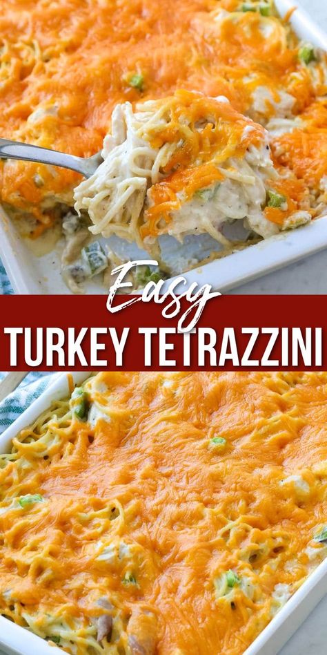 Turkey Tetrazzini in a pan Creamy Turkey Tetrazzini Recipe, Easy Turkey Tetrazzini, Turkey Stir Fry Recipes, Turkey Tetrazzini Easy, Turkey Tetrazzini Recipe, Turkey Noodle Casserole, Turkey Casserole Recipe, Easy Casserole Dishes, Turkey Tetrazzini