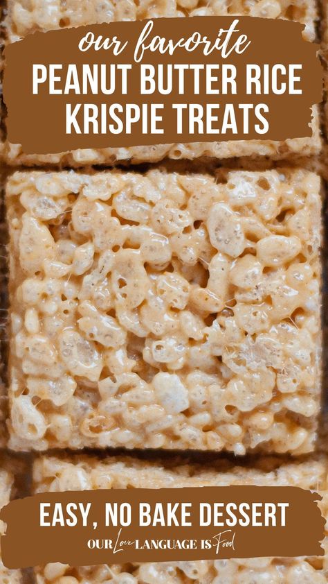 These easy peanut butter rice krispie squares are a fun twist on classic rice krispie bars. If you're looking for fun no bake party desserts, easy party desserts, potluck desserts, or easy after school treats be sure to SAVE this peanut butter rice krispie treats recipe to make ASAP! Rice Krispie Peanut Butter Squares, Rice Crispy Treats With Peanut Butter, Rice Krispie Treats Peanut Butter, Peanut Butter Rice Krispie Squares, Peanut Butter Rice Krispie Treats Recipe, Desserts Potluck, Peanut Butter Rice Crispy Treats, Peanut Butter Rice Crispies, Peanut Butter Rice Krispie Treats