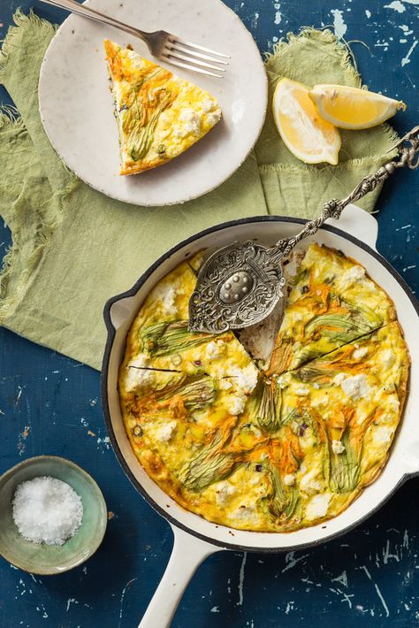 Squash Blossom Frittata -Melissa Delport Squash Blossom Recipe, Fried Squash Blossoms, Stuffed Squash Blossoms, Breakfast Frittata, Zucchini Blossoms, Squash Blossoms, Real Foods, Bacon And Eggs, Egg Dishes