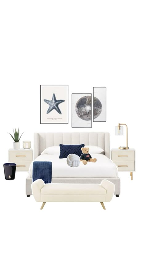 Room With Grey Bed Frame, Bedroom Ideas White And Blue, Navy White Gold Bedroom, Bedroom Navy And White, White And Navy Bedroom, Navy Room Decor, Navy And White Bedroom, Navy Blue Bedroom Decor, Aesthetic Navy Blue