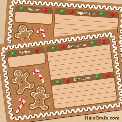 FREE Printable Christmas Gingerbread Recipe Cards-  Click the download link in green under the image! save the zipfile as! Christmas Recipe Cards Printable Free, Cute Recipe Cards, Recipes Cards, Christmas Recipe Cards, Gingerbread Cards, Gingerbread Party, Gingerbread Crafts, Gingerbread Christmas Decor, Recipe Scrapbook