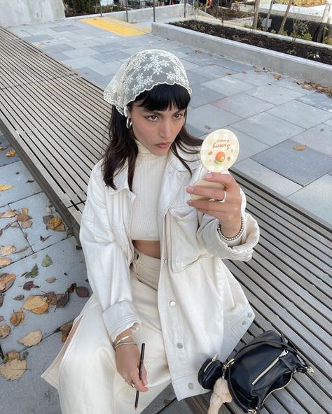 Susana Cárdenas on Instagram: "Me and my teddy bear against the world 🧸🎀☁️✨ #ootd , fall outfit, #falloutfit , maxi skirt, denim jacket, denim skirt, bandana, lace bandana, lipliner , #trends #inspooutfit #vancouverfashion #thatgirlaesthetic #pinterestgirl Pinterest aesthetic, ootd" Denim Jacket And Skirt Outfit, Bandana Outfit Aesthetic, Ootd Bandana, Veil Outfits, Lace Bandana, Bandana Lace, Denim Bandana, Bandana Fits, Maxi Skirt Denim