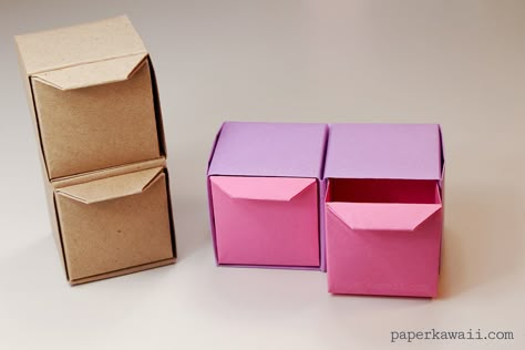 Learn how to make some cool origami pull-out drawers!  These origami drawers make great organisers, make lots and stack them up! You can choose to have the drawers either tall or rotate the drawers for a horizontal cabinet! These drawers use Masu boxes that slot together, it's pretty easy! Origami Kutu, Box Origami, Paper Kawaii, Origami Videos, Folding Origami, Cool Paper Crafts, Useful Origami, Origami Instructions, Origami Box