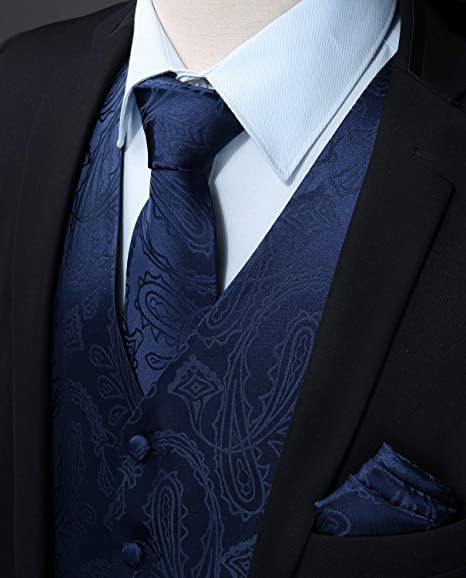 Dark Blue Men Vest Tie Set 3PC Formal Suit Vests Necktie Classy Men Wedding Clothing Outfits Blue Vest Outfit Men, Vest Outfits Men Casual, Navy Blue Vest Outfit, Blue Vest Outfit, Paisley Suit, Stylish Waistcoats, Business Suit Vest, Vest Outfits Men, Mens Suit Accessories