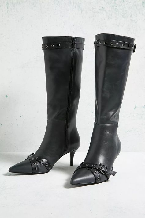 Studded buckle boots in a stiletto silhouette. Statement knee high boots in soft, smooth leather, complete with a buckle fastening with metal eyelets at the cuff, a skinny kitten heel, an interior zip and a pointed toe with a cross-over buckle. Knew High Boots, Kitten Heel Boots, Black Kitten Heels, Dark Academia Fashion, Academia Fashion, High Leather Boots, Black Kitten, Stiletto Boots, Buckle Boots