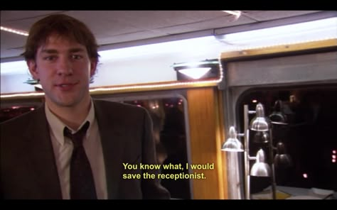 "If the ship was sinking, who would you save?" "You know what? I would save the receptionist. I ... just wanted to clear that up." Office Couple, Best Of The Office, Jim And Pam, Terrence Loves You, The Office Jim, The Best Relationship, The Office Show, Jim Halpert, Office Memes