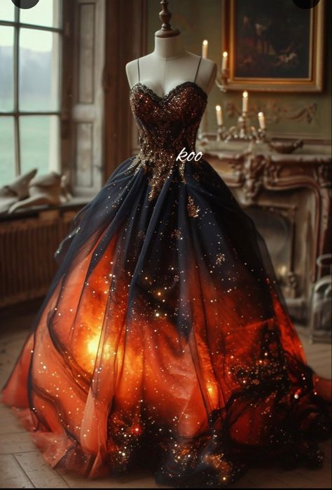 Mystical Dresses Fairytale, Romantasy Book, Fire Dress, Worst Wedding Dress, Masquerade Outfit, Black Wedding Gowns, Black Combination, Magical Dress, Dreamy Gowns