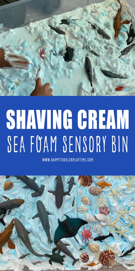 Shaving Cream Sea Foam Sensory Bin - HAPPY TODDLER PLAYTIME Foam Sensory Bin, Slime Monster, Ocean Animal Crafts, Ocean Theme Preschool, Sea Activities, Ocean Activities, Sea Crafts, Daycare Activities, Ocean Crafts