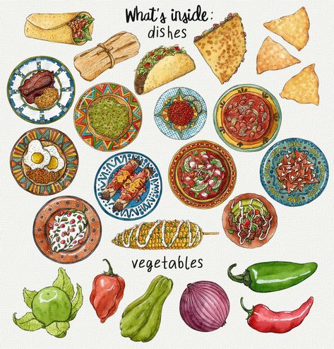 Watercolor Recipes, Mexican Watercolor, Mexican Fiesta Food, Mexican Plates, Food Watercolor, Traditional Mexican Dishes, Latin American Food, Recipe Drawing, Food Doodles