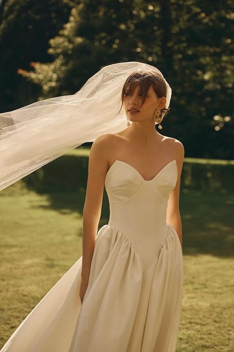 Willowby by Watters Ember V-Neck Drop-Waist Dupioni Wedding Gown | Anthropologie Anthropologie Wedding Dress, New Bridal Dresses, Wedding Gown Ballgown, Drop Waist Gown, Fall Bridesmaid, Drop Waist Wedding Dress, Willowby By Watters, Bhldn Bride, By Watters