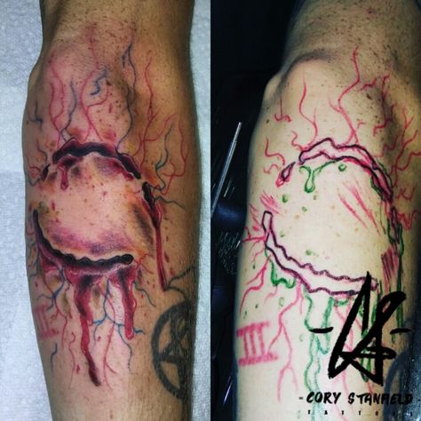 Fun awesome custom zombie bite on my homie :) #zombietattoo #zombiebitetattoo #halloweentattoo #eternalinks #sinkinginktattoos #funtattoos #goretattoos #inkthepeople #guyswithtattoos #lakelandartist #lakelandtattooartist #lakelandtattoos #floridatattoos #halloweensoon🎃 Zombie Bite Tattoo, Bite Me Tattoo, Zombie Bite, Zombie Tattoos, Florida Tattoos, Piercing Inspiration, Horror Tattoo, Hand Tattoos For Guys, Halloween Tattoos