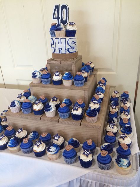 Cupcake tower I made for Chino High School 40 year reunion of class 1975. Reunion Decoration Ideas, High School Reunion Planning, School Reunion Decorations, Class Reunion Favors, Class Reunion Planning, 50th Class Reunion Ideas, Reunion Centerpieces, 10 Year Reunion, High School Class Reunion