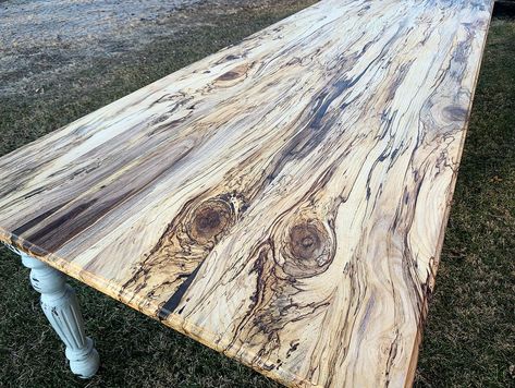 Custom farm table.  Made with turned legs and white distressed base.  Spalted Hackberry tabletop. Free shipping nationwide Farmhouse Table Setting, Minimalist Design Style, Carved Legs, Spalted Maple, Reclaimed Oak, Farmhouse Dining Table, Kitchen Dining Tables, Distressed Painting, Oak Dining Table