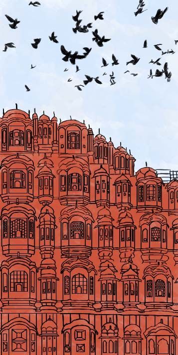 Indian Illustration Painting, Desi Patterns Illustration, Jaipur Art Paintings, Jaipur Painting Art, Pakistan Illustration Art, Hawa Mahal Drawing, Indian Patterns Illustration, Hawa Mahal Painting, Indian Monuments Illustration