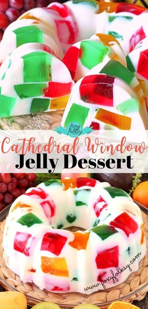 Stained Glass Dessert Jello Recipes, Broken Glass Jello Recipe Condensed Milk, Stained Glass Jello Recipe, Creamy Jello Recipes, Jello Trifle, Jello Snacks, Stained Glass Jello, Thanksgiving Jello, Layered Jello Recipe