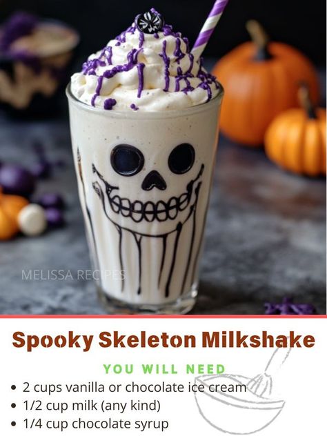 Melissa Recipes | Spooky Skeleton Milkshake 🦴👻 | Facebook Halloween Frappe Ideas, Halloween Milkshakes, Spooky Milkshake, Monster Milkshakes, Halloween Shakes, Chocolate Syrup, Chocolate Ice Cream, Skeleton, Vanilla