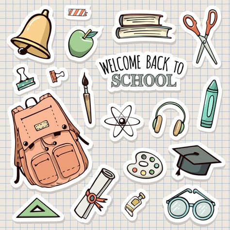 Vector set of school stickers Premium Ve... | Premium Vector #Freepik #vector #background Stickers About School, Sticers Idea Cute, Cute Printable Stickers Journal, Sticker Ideas Cute, Printable Stickers For Journal, Back To School Stickers, Vector Stickers, Stickers For School, School Background