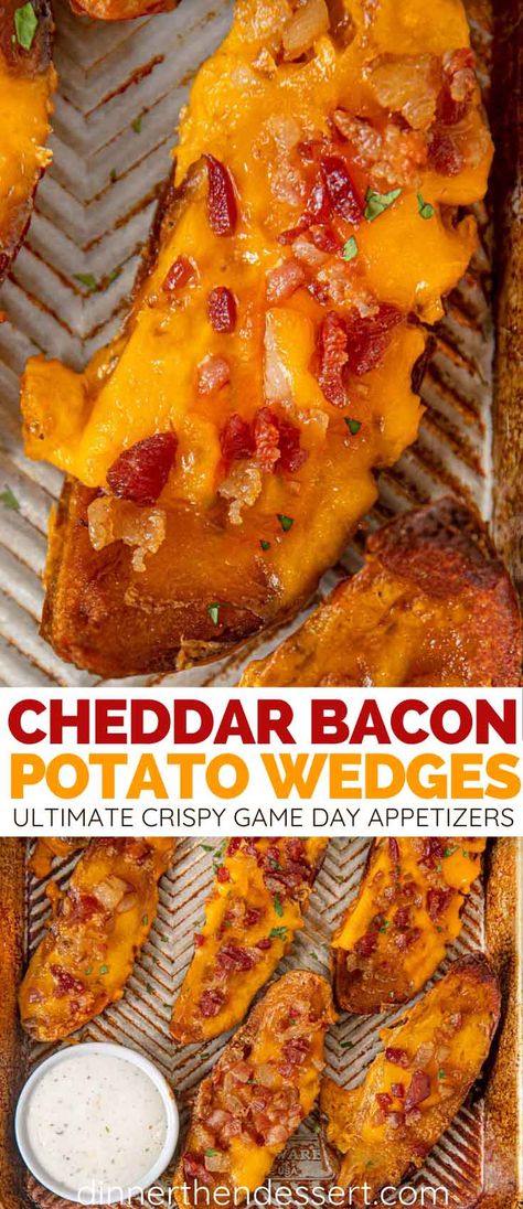 Cheddar Bacon Potato Wedges are fried with cheddar cheese and lots of bacon. It's the ultimate crispy appetizer for game day. | #bacon #cheese #cheesy #party #gameday #superbowl #appetizers #dinnerthendessert Dessert Superbowl, Loaded Potato Wedges, Appetizers Healthy, Potato Wedges Recipe, Wedges Recipe, Superbowl Appetizers, Bacon Potato, Potato Recipes Side Dishes, Recipe Dinner