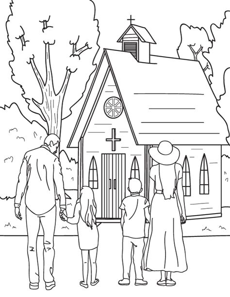 Free printable coloring page featuring a family going to church. Download it from https://museprintables.com/download/coloring-page/family-going-to-church/ Church Coloring Pages For Kids, Family Going To Church, Church Coloring Pages, Church Drawing, Pikachu Coloring Page, Monster Truck Coloring Pages, Classroom Images, Kids Colouring, Going To Church